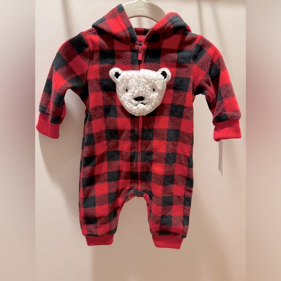 NWT Target Carters Black/Red Plaid Polar Bear Fleece Hooded Jumpsuit Size 3 MTHS - Picture 1 of 5